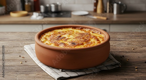 A clay pot of testi kebab with cracked crust on a kitchen table