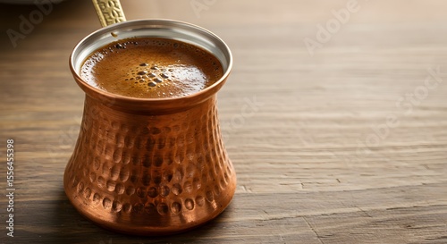 A copper cezve with bubbling Turkish coffee and foam on a kitchen table