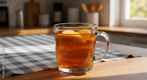 A glass teacup of elma çayı with apple slices on a kitchen table