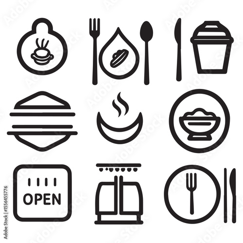 Collection of nine black and white icons representing food dining and business services