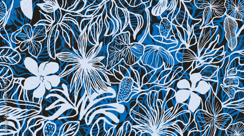 A bold hand drawn brush lines botanical pattern in white and blue outlines on a black background, showcasing an intricate mix of flowers and leaves.Simple abstract natural elements for textile