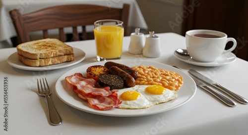 Full Irish breakfast eggs bacon sausage beans on a restaurant table
