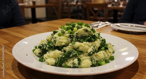 Colcannon mashed potato mixed with kale and scallion on a restaurant table