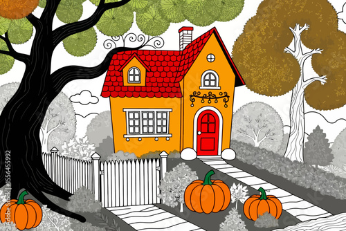 Autumn Charm-Whimsical House with Pumpkins and Colorful Trees-Festive Fall Illustration-Halloween Season Art-Cozy Home Scene-Seasonal Decor Image