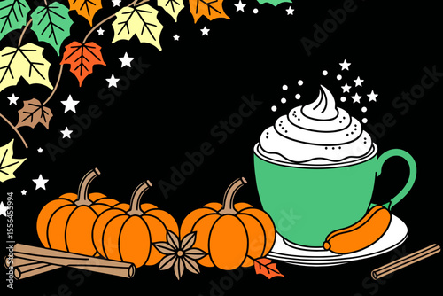 Autumn Flavors and Colors Illustration- Featuring Pumpkins- Cinnamon- Coffee- & Fall Leaves- Celebrate the Season with this Vibrant Image- Download Now for Festive Fun
