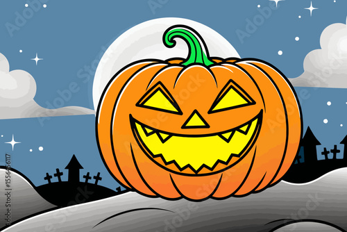 Cartoon Halloween Pumpkin Illustration-Jack O Lantern with Spooky Smile-Full Moon and Graveyard Background for Holiday Fun-Festive Clip Art
