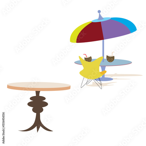 Tropical Table Setting: Two round tables with unique bases, one with a beach chair and umbrella and coconut drinks, illustrate the simple pleasures of a tropical escape.