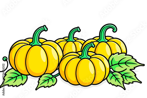 Cute Cartoon Pumpkins with Green Leaves - Festive Fall Harvest Illustration - Bright and Cheerful Pumpkin Patch Clipart for Autumn Crafts and Designs_