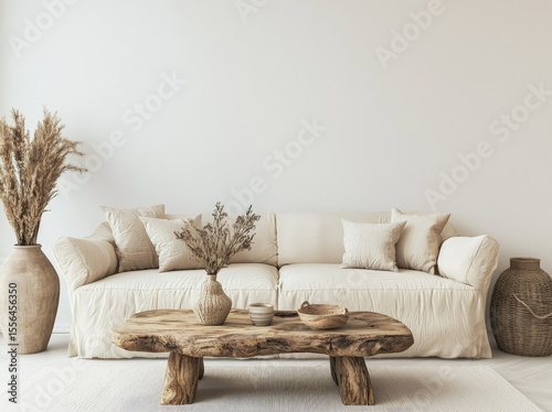 Cozy minimal living room with beige sofa, rustic wooden coffee table, dry floral decor and ample wall space, ideal for interior design mockups, lifestyle ads, or home decor presentations