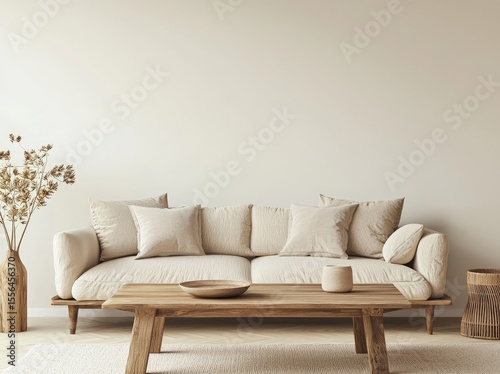 Scandinavian-inspired living room with beige cushions, wooden table, soft textures and blank wall, perfect for mockups, interior design projects, or minimalist lifestyle ads