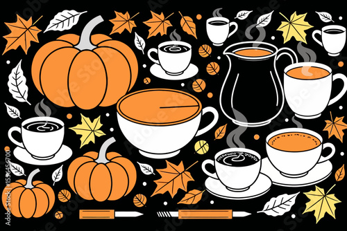 Fall Coffee Time-Pumpkins and Coffee Mugs-Autumn Aesthetic-Seasonal Beverage Illustration-Warm and Cozy Drink Theme-Black Background with Orange Accents