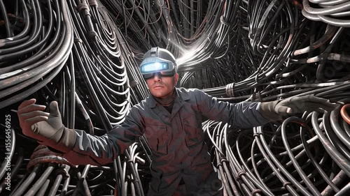 Man navigates tangled wires in an underground electrical network