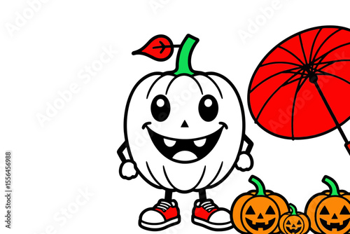 Halloween Cartoon Fun- Smiling Pumpkin Character with Red Umbrella and Jack-o'-Lanterns-Spooky Season Artwork-Cute Halloween Illustration