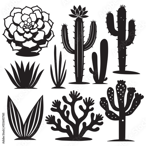 Collection of black silhouette desert plants including various cacti and succulents on a white background