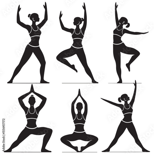 Set of six black silhouette female yoga poses and dance movements on white background