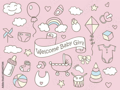 Welcome Baby Girl! Fun cute pattern of kids colorful stickers, icons. Hand drawn doodles sketch children's elements. Сhildren's draw style design elements