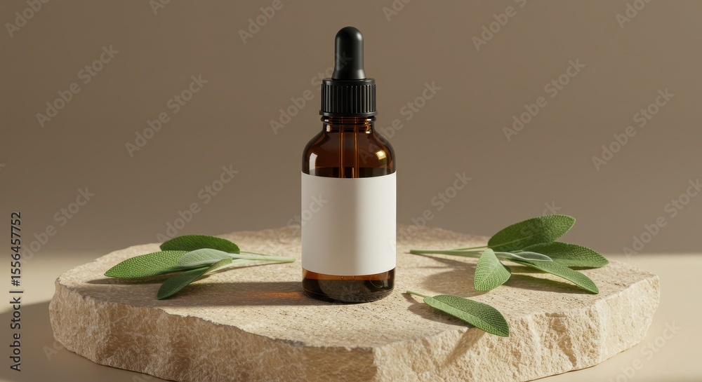 Naklejka premium Amber Dropper Bottle Mockup with Customizable Label on Stone Surface with Sage Leaves