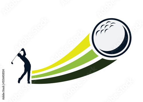 Illustrative logo-style image portraying a golfer, vibrant trajectory lines, and a golf ball. The visual represents motion, sportsmanship, and the dynamic spirit of golf in a simplistic design.