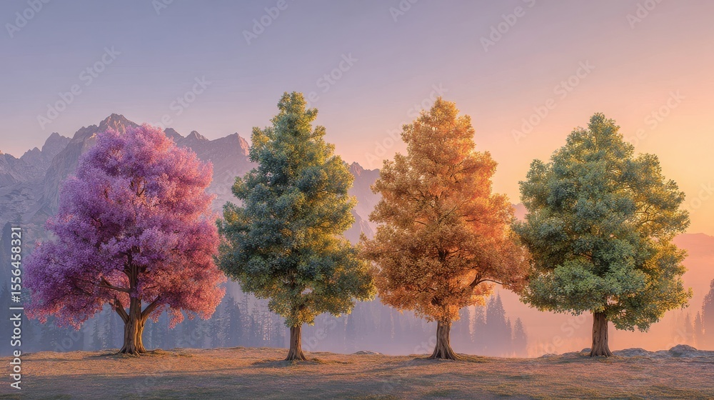 Naklejka premium Four trees in harmony, a colorful nature backdrop for creative projects and digital art