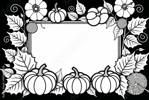 Hello October Black and White Fall Design-Pumpkins-Leaves-Flowers-Elegant Autumn Illustration-Perfect for Seasonal Crafts and Decor-Celebrate the Season