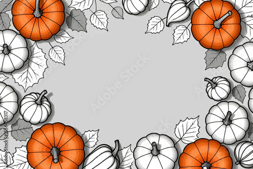 Hello October-Autumn pumpkins and leaves illustration-Festive fall season background-Seasonal October decorations-Fall vibes and harvest themes-Autumn harvest illustration