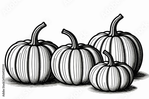 Line Art Pumpkins Illustration- Monochromatic Autumn Harvest Clipart- Black and White Pumpkin Patch Design- Fall Season Graphics for Crafts and Decor
