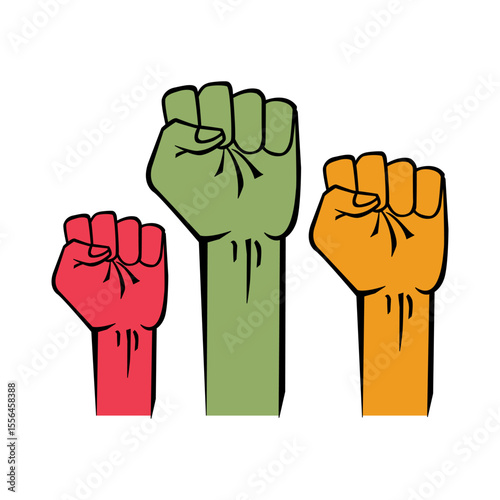 Colorful fists raised to symbolize empowerment, solidarity, resistance, and unity amidst diversity. This illustration conveys strong messages of social justice and collective movements.