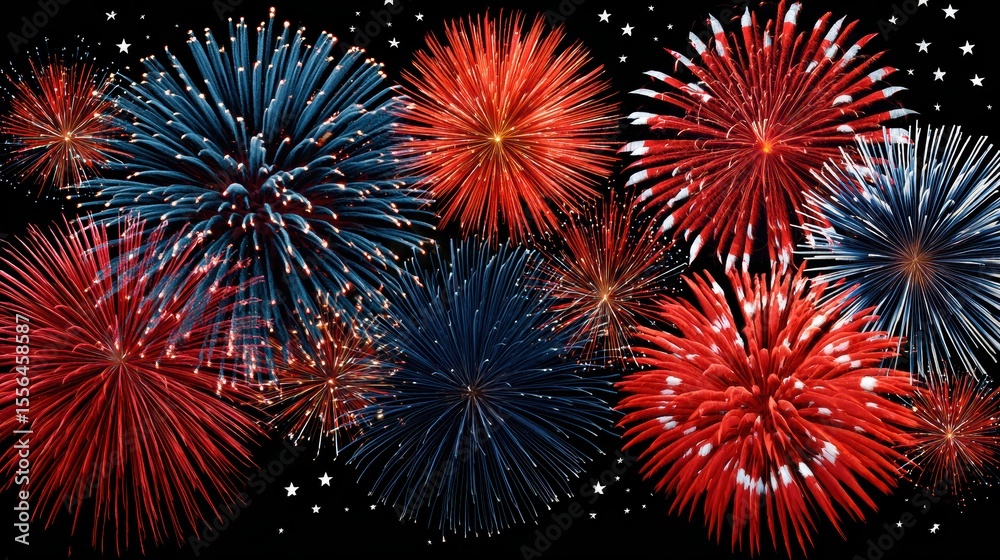 Vibrant Display of Red and Blue Fireworks Illuminating the Night Sky in a Festive Celebration Vibrant Display of Red and Blue Fireworks Illuminating the Night Sky in a Festive Celebration