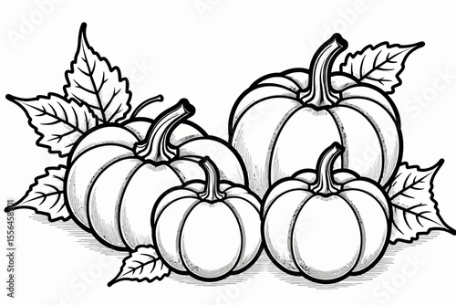 Pumpkin Patch Outline-Fall Harvest Coloring Page-Printable Pumpkins and Leaves-Autumn Season Illustration-Black and White Line Art for Kids and Adults