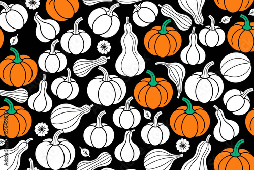 Pumpkin Pattern-Fall Harvest-Halloween Illustration-Orange and White Pumpkins-Festive Autumn Decor-Seamless Background-Spooky Season Vibes-Seasonal Design