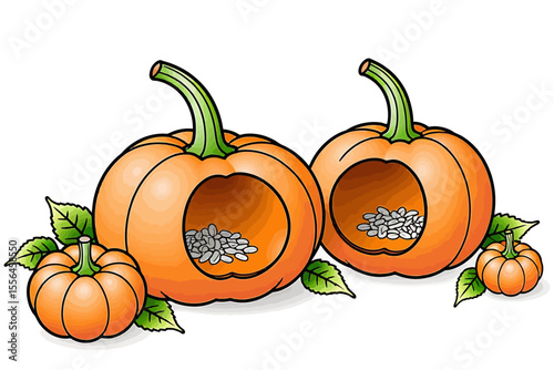 Pumpkins Illustration-Cartoon Pumpkins-Halloween Pumpkins with Seeds-Cute Autumn Pumpkins-Festive Fall Decor-Harvest Season-Pumpkin Patch-Orange Pumpkins-Healthy Snack