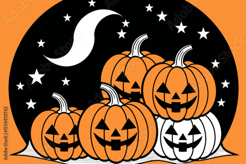 Spooky Halloween Pumpkins under the Moonlight and Stars- Jack O Lanterns against a Black Sky and Orange Background- Festive Halloween Illustration