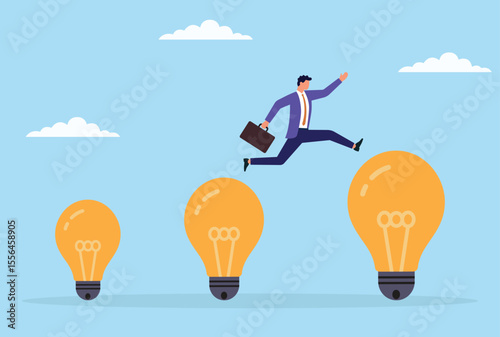 Vector illustration of a businessman leaping from a small bulb to a large bulb, symbolizing the progression and growth of ideas leading to greater innovation and success
