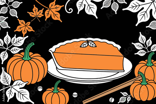 Thanksgiving Pumpkin Pie Still Life-Autumn Leaves and Pumpkin Illustration for the Holidays-Celebrate Fall with Festive Thanksgiving Dessert Design