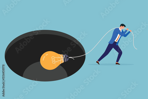 Vector illustration of a businessman pulling a bulb out of a dark hole with a rope, representing the effort to retrieve and illuminate innovative ideas from difficult or uncertain situations

