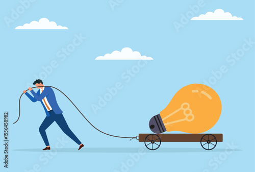 Vector illustration of a businessman pulling a large bulb on a trolley with a rope, representing the effort to carry and implement innovative ideas and creative solutions in business
