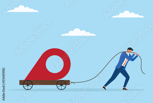 Vector illustration of a businessman pulling a large location icon on a trolley with a rope, representing the drive to expand presence, explore new markets, and reach strategic goals
