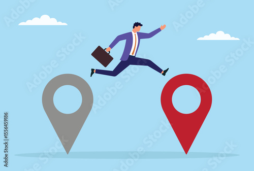 Vector illustration of a businessman jumping from a dull location icon to a bright one, symbolizing the move toward better opportunities, growth, and strategic business relocation

