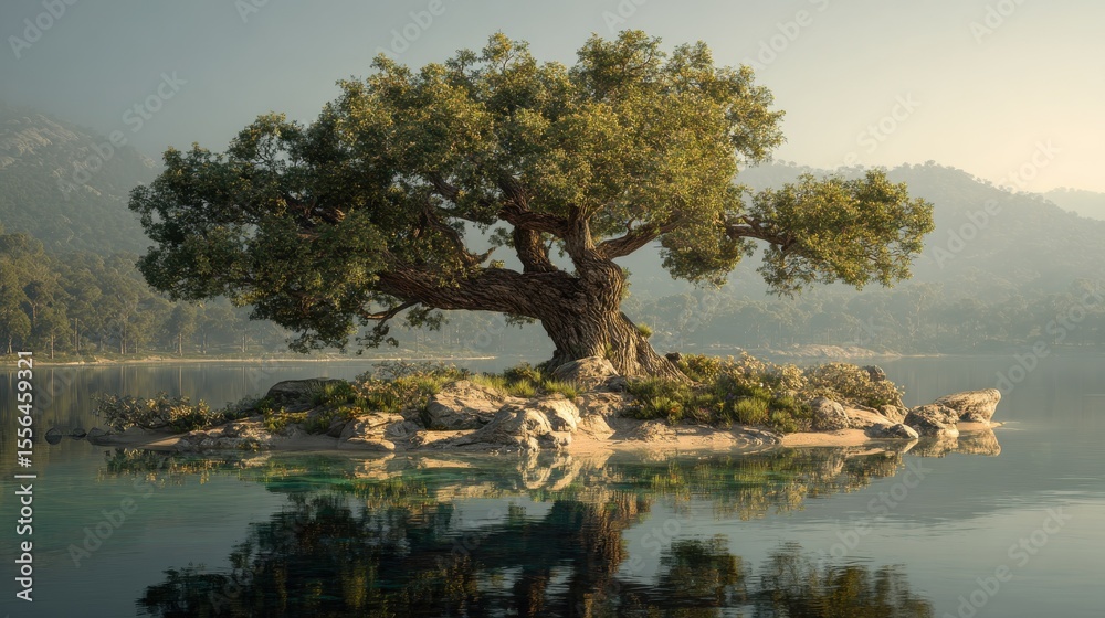 Fototapeta premium Majestic tree on a lake island (Earth Day / Nature concept)