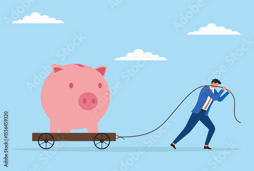 Vector illustration of a businessman pulling a large piggy bank on a trolley with a rope, symbolizing the effort and commitment required to grow savings and secure financial stability
