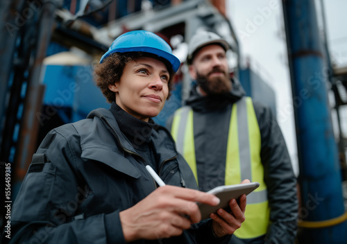 Female engineer with Ipad working on a construction site photo