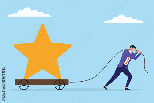 Vector illustration of a businessman pulling a large star sign on a trolley with a rope, symbolizing the effort to achieve recognition, excellence, and build a strong reputation
