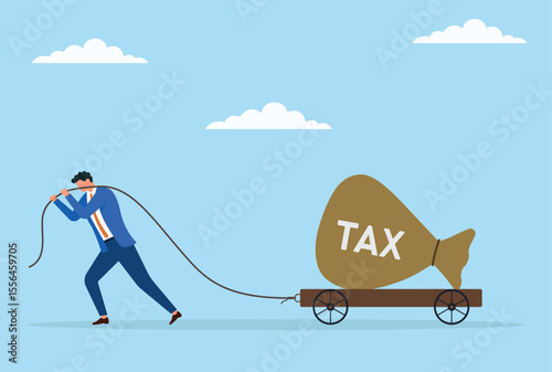 Vector illustration of a businessman pulling a large tax sack on a trolley with a rope, symbolizing the heavy burden of tax responsibilities and the challenge of financial management
