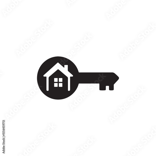 Black and white graphic of a key with a house inside the keyhole on a white background center aligned