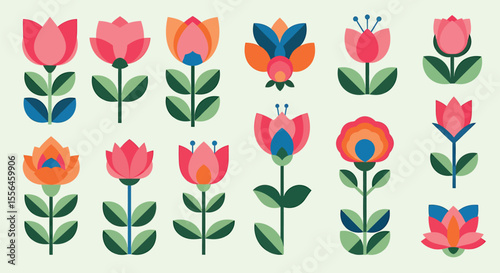 Collection of Geometric Floral Illustrations Mid-Century Modern Flower Designs