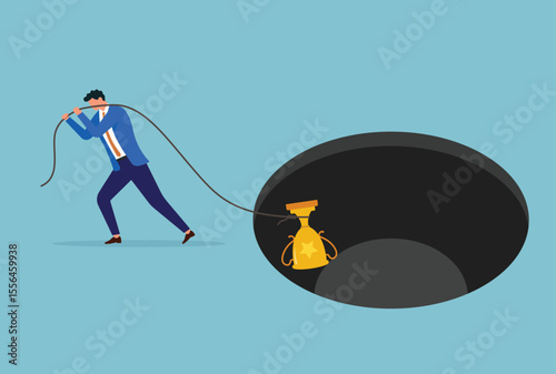 Vector illustration of a businessman pulling a trophy out of a dark hole with a rope, symbolizing perseverance, overcoming obstacles, and the relentless pursuit of achievement
