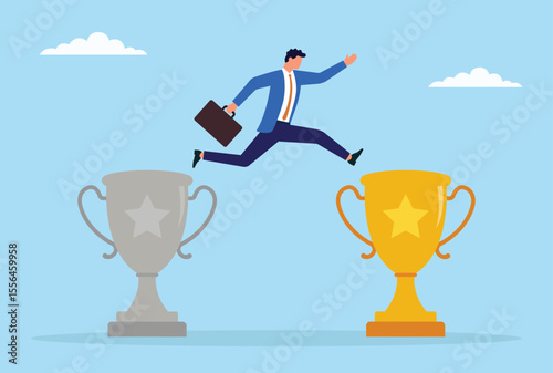 Vector illustration of a businessman jumping from a dull trophy to a bright one, symbolizing the journey from mediocrity to excellence and achieving greater success
