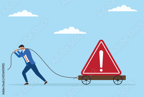 Vector illustration of a businessman pulling a large warning icon on a trolley with a rope, representing the weight of risk, caution, and challenges in business decision making
