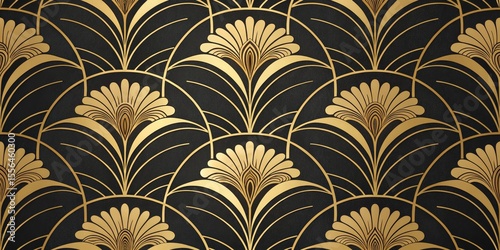 Art Deco Gold Floral Seamless Pattern Black Background, Gold Foliage, Geometric Design Art Deco, Wallpaper