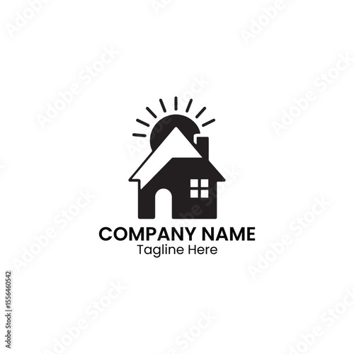 A black and white logo featuring a house with a sun rising behind it and company name and tagline text
